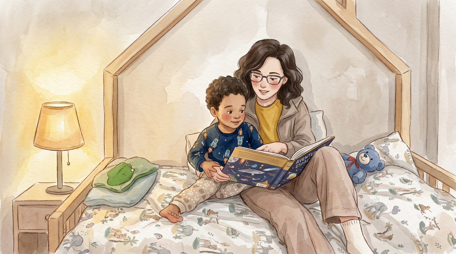 Lola leyendo un cuento a su hijo antes de dormir