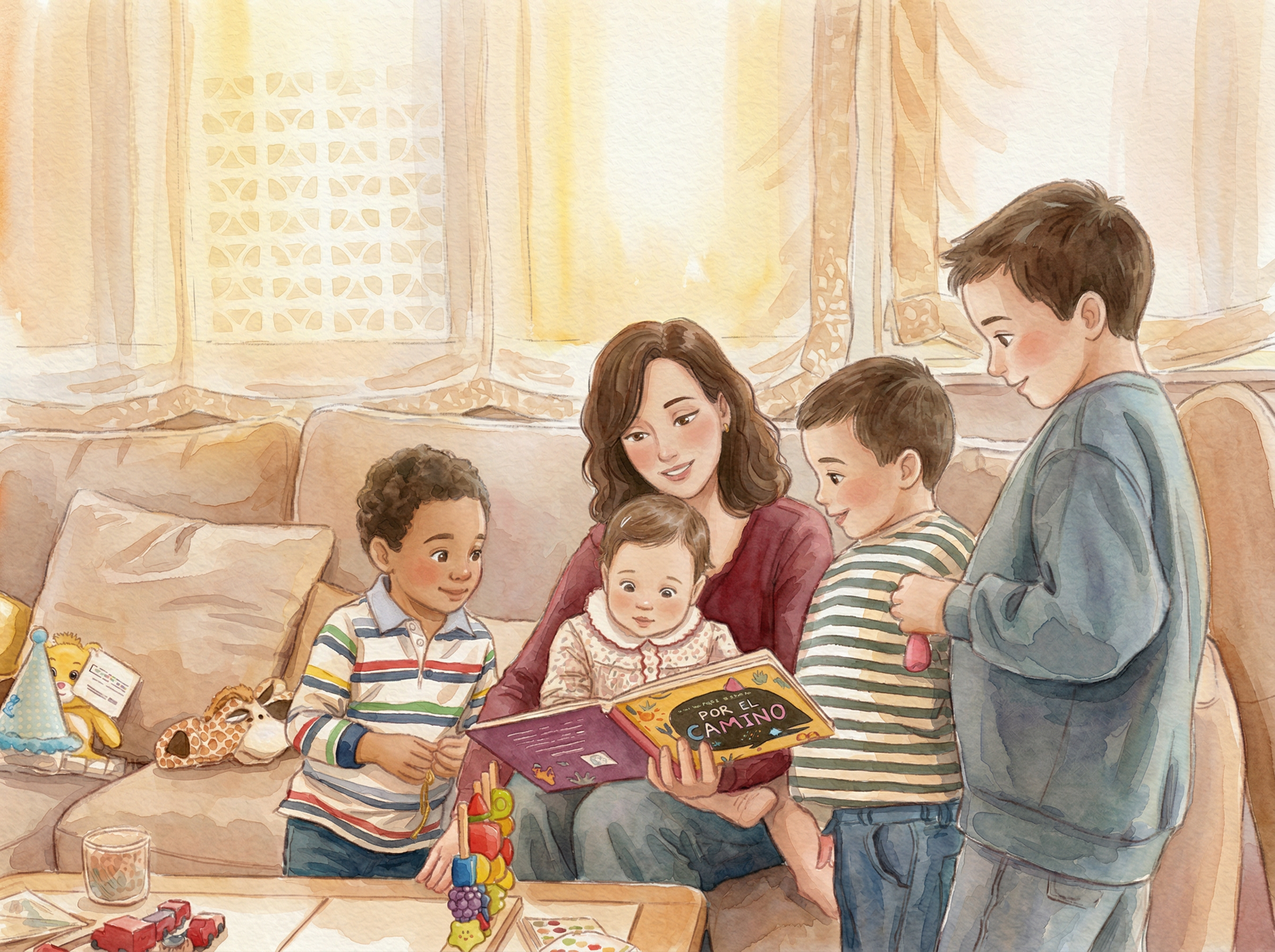 Mamá leyendo un cuento a sus tres hijos en el salón de casa