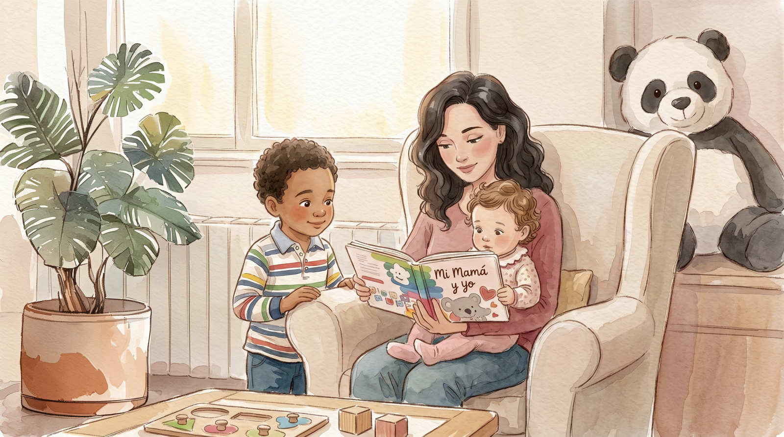 Lola leyendo con sus hijos en el sillón