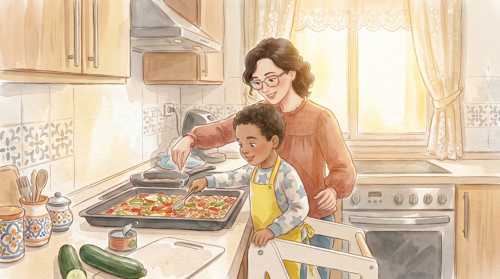 Lola cocinando con su hijo en casa, menús semanales con IA